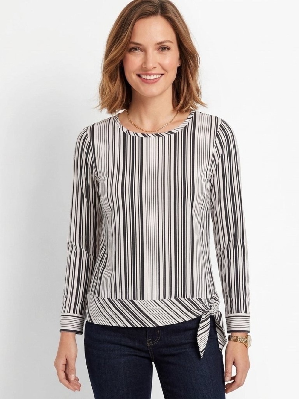 Talbots Petites poplin side-tie black white striped cotton top blouse Size P